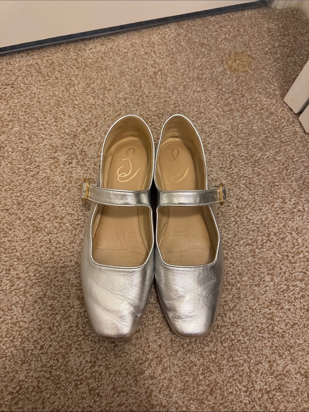 Sam Edelman Michaela Metallic Silver Mary Jane Flats with Gold Buckle